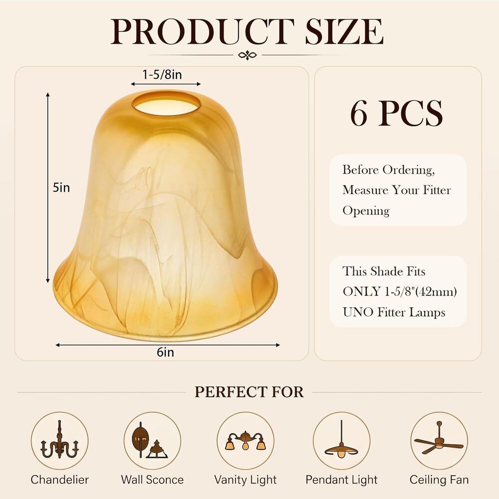 6-Pack Amber Marble Bell Glass Lamp Shades E26 Replacement Light Covers - Picture 4 of 6